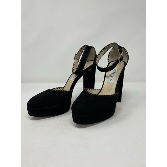 JIMMY CHOO Daphne Platform Heels Women 40 Ankle Strap Black Suede Leather - Picture 10 of 14